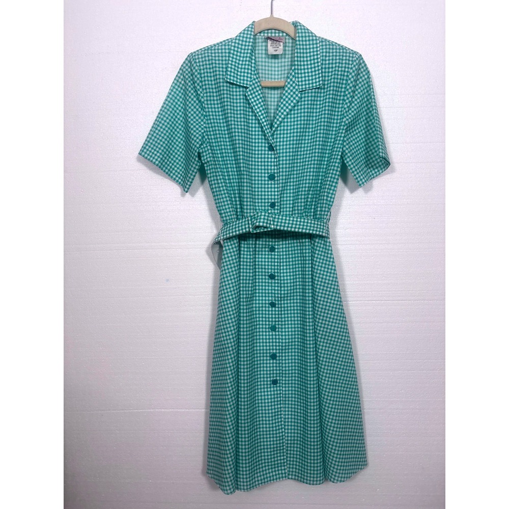 Vintage 80s California LOOK Green Gingham Belted day Dress Made in USA 10P